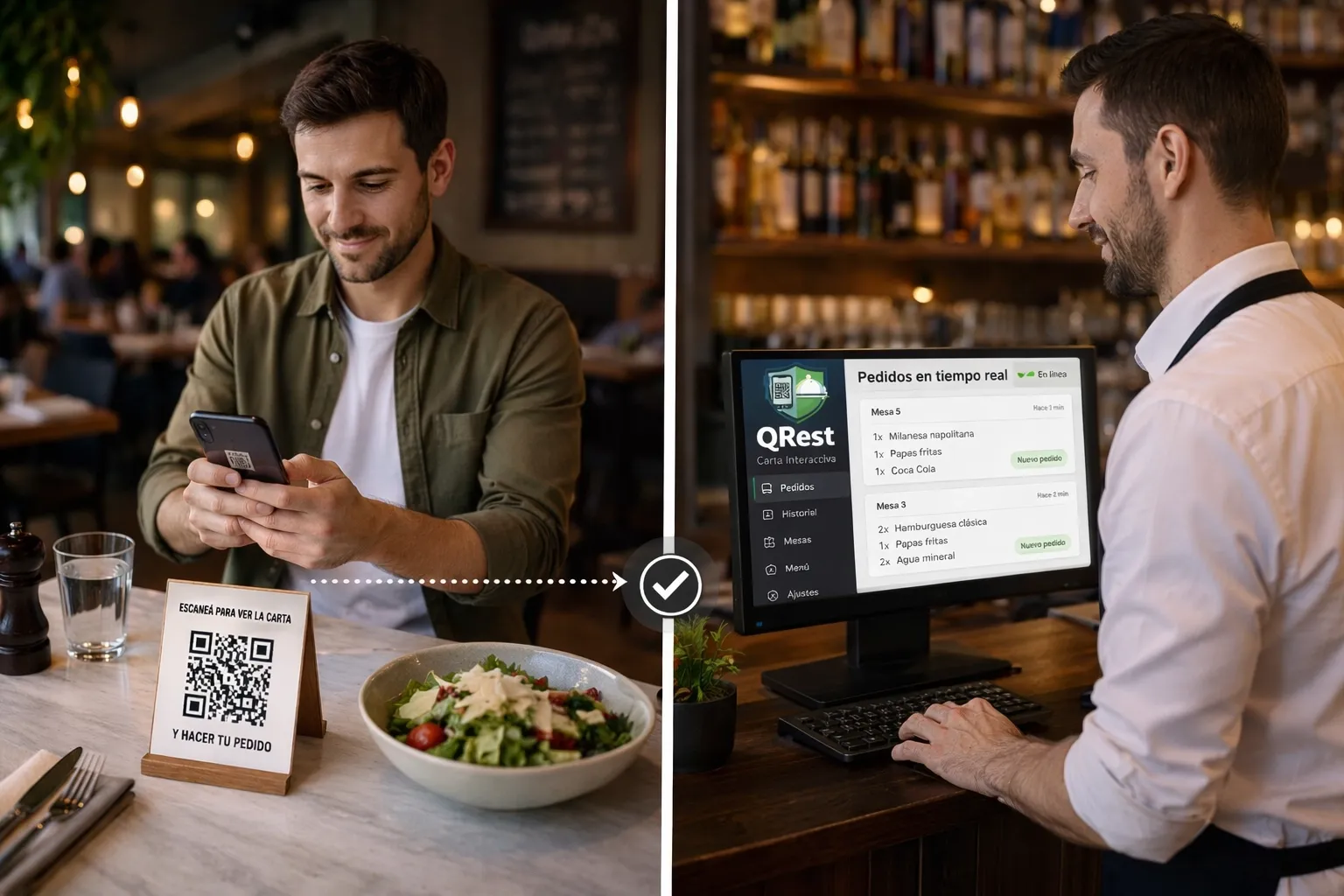 Cliente escaneando QR y mozo recibiendo pedido en QRest